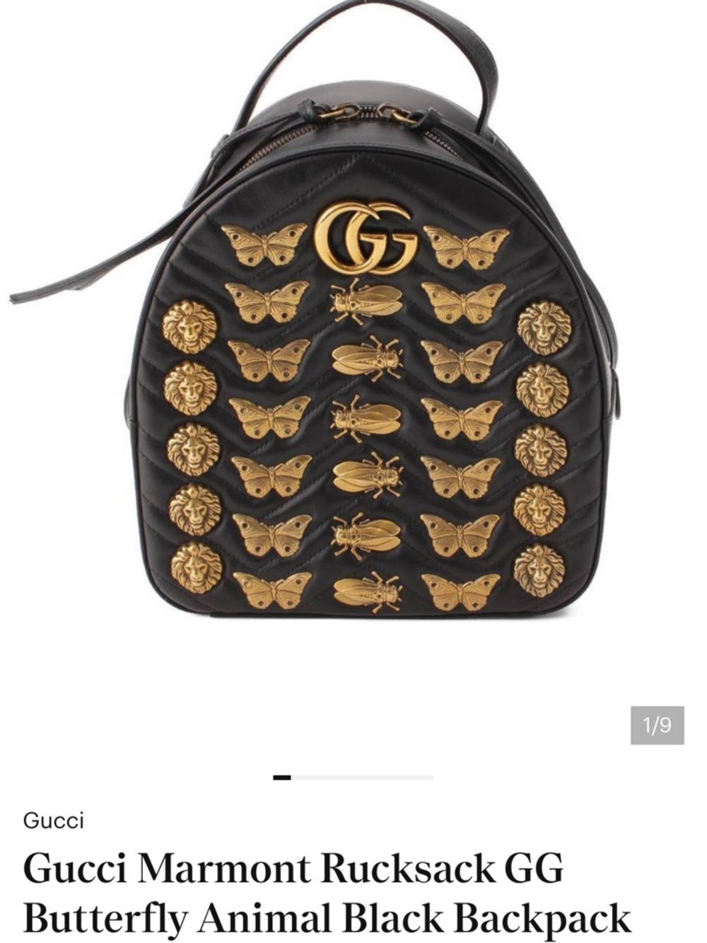 Gucci Black Marmont Backpack with Gold Animal & Butterfly Studs